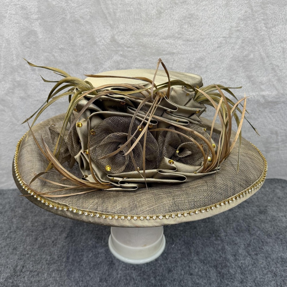 Champagne Italy Hat‎ Sun Womens Beige Wide Brim Rhinestone Feathers Derby Church